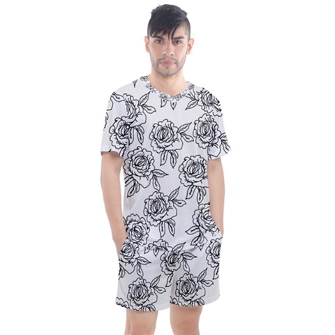 Line Art Black And White Rose Men s Mesh Tee And Shorts Set by MintanArt