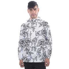 Line Art Black And White Rose Men s Front Pocket Pullover Windbreaker by MintanArt