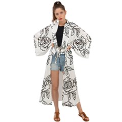 Line Art Black And White Rose Maxi Kimono by MintanArt