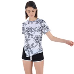 Line Art Black And White Rose Asymmetrical Short Sleeve Sports Tee by MintanArt