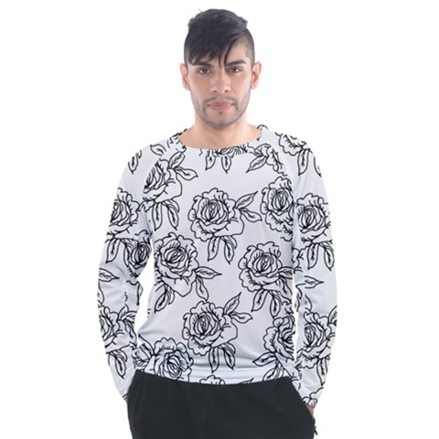 Line Art Black And White Rose Men s Long Sleeve Raglan Tee by MintanArt