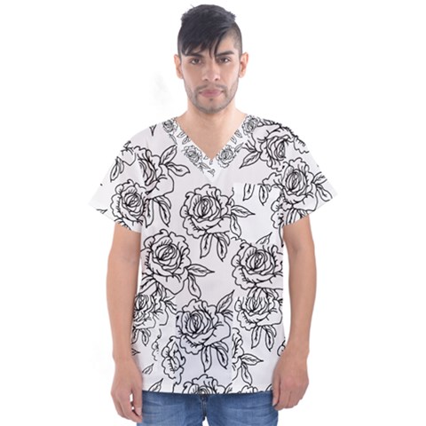 Line Art Black And White Rose Men s V-neck Scrub Top by MintanArt