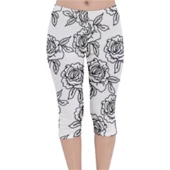 Line Art Black And White Rose Velvet Capri Leggings  by MintanArt