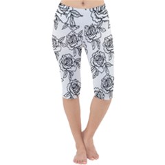 Line Art Black And White Rose Lightweight Velour Cropped Yoga Leggings by MintanArt