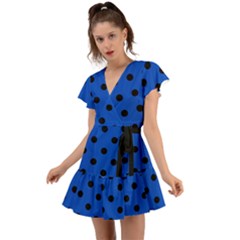 Large Black Polka Dots On Absolute Zero Blue - Flutter Sleeve Wrap Dress by FashionLane