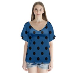 Large Black Polka Dots On Classic Blue - V-neck Flutter Sleeve Top by FashionLane