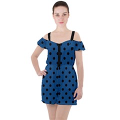 Large Black Polka Dots On Classic Blue - Ruffle Cut Out Chiffon Playsuit by FashionLane