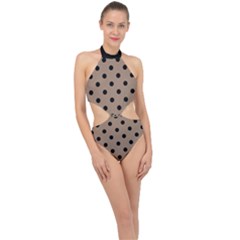 Large Black Polka Dots On Beaver Brown - Halter Side Cut Swimsuit by FashionLane