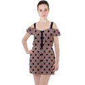 Large Black Polka Dots On Burnished Brown - Ruffle Cut Out Chiffon Playsuit View1