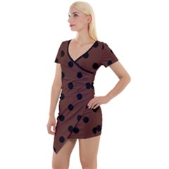 Large Black Polka Dots On Emperador Brown - Short Sleeve Asymmetric Mini Dress by FashionLane