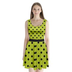 Large Black Polka Dots On Acid Green - Split Back Mini Dress  by FashionLane