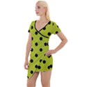 Large Black Polka Dots On Acid Green - Short Sleeve Asymmetric Mini Dress View1