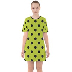 Large Black Polka Dots On Acid Green - Sixties Short Sleeve Mini Dress by FashionLane