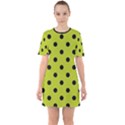 Large Black Polka Dots On Acid Green - Sixties Short Sleeve Mini Dress View1