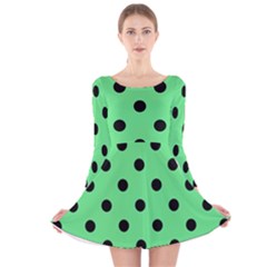 Large Black Polka Dots On Algae Green - Long Sleeve Velvet Skater Dress by FashionLane