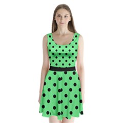 Large Black Polka Dots On Algae Green - Split Back Mini Dress  by FashionLane