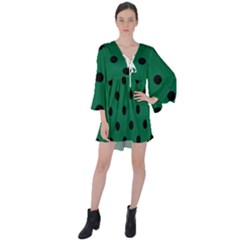 Large Black Polka Dots On Cadmium Green - V-neck Flare Sleeve Mini Dress by FashionLane