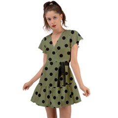 Large Black Polka Dots On Calliste Green - Flutter Sleeve Wrap Dress by FashionLane