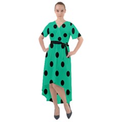 Large Black Polka Dots On Caribbean Green - Front Wrap High Low Dress by FashionLane