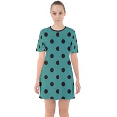 Large Black Polka Dots On Celadon Green - Sixties Short Sleeve Mini Dress by FashionLane