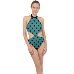 Large Black Polka Dots On Celadon Green - Halter Side Cut Swimsuit by FashionLane