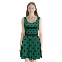 Large Black Polka Dots On Christmas Green - Split Back Mini Dress  by FashionLane