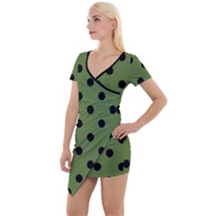 Large Black Polka Dots On Crocodile Green - Short Sleeve Asymmetric Mini Dress by FashionLane