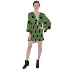 Large Black Polka Dots On Crocodile Green - V-neck Flare Sleeve Mini Dress by FashionLane