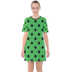 Large Black Polka Dots On Just Green - Sixties Short Sleeve Mini Dress by FashionLane