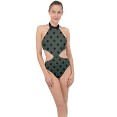 Large Black Polka Dots On Kombu Green - Halter Side Cut Swimsuit by FashionLane