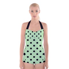 Large Black Polka Dots On Pale Green - Boyleg Halter Swimsuit  by FashionLane