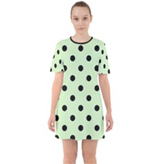 Large Black Polka Dots On Tea Green - Sixties Short Sleeve Mini Dress by FashionLane