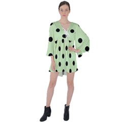 Large Black Polka Dots On Tea Green - V-neck Flare Sleeve Mini Dress by FashionLane