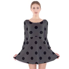 Large Black Polka Dots On Beluga Grey - Long Sleeve Velvet Skater Dress by FashionLane