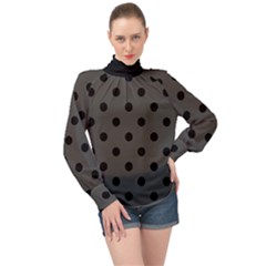 Large Black Polka Dots On Beluga Grey - High Neck Long Sleeve Chiffon Top by FashionLane