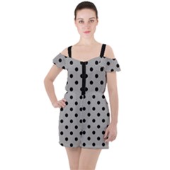 Large Black Polka Dots On Chalice Silver Grey - Ruffle Cut Out Chiffon Playsuit by FashionLane