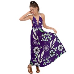 Floral Blue Pattern Backless Maxi Beach Dress by MintanArt