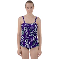 Floral Blue Pattern  Twist Front Tankini Set by MintanArt