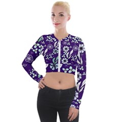 Floral Blue Pattern  Long Sleeve Cropped Velvet Jacket by MintanArt