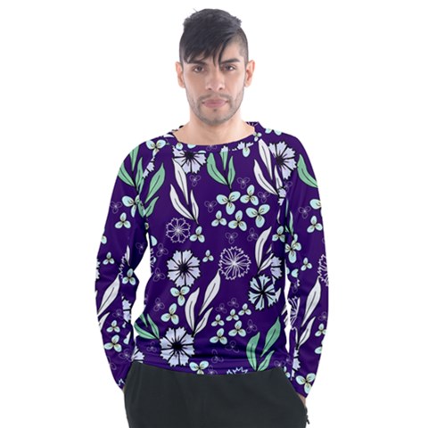 Floral Blue Pattern  Men s Long Sleeve Raglan Tee by MintanArt