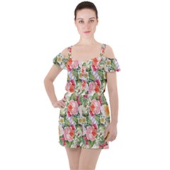 Vintage Flowers Ruffle Cut Out Chiffon Playsuit by goljakoff