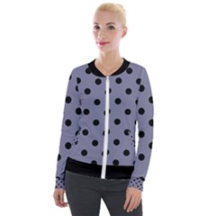 Large Black Polka Dots On Flint Grey - Velvet Zip Up Jacket by FashionLane