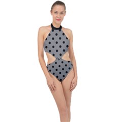 Large Black Polka Dots On Just Grey - Halter Side Cut Swimsuit by FashionLane