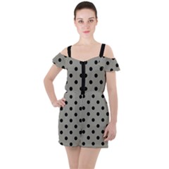 Large Black Polka Dots On Trout Grey - Ruffle Cut Out Chiffon Playsuit by FashionLane