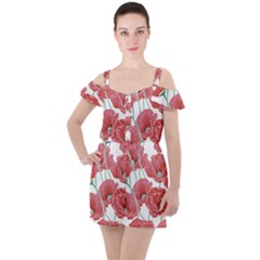 Red Poppy Flowers Ruffle Cut Out Chiffon Playsuit by goljakoff