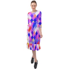 Squares Pattern Geometric Seamless Ruffle End Midi Chiffon Dress by Dutashop