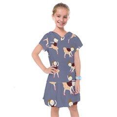 Cute  Pattern With  Dancing Ballerinas On The Blue Background Kids  Drop Waist Dress by EvgeniiaBychkova