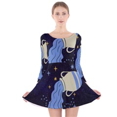 Aquarius Horoscope Astrology Zodiac Long Sleeve Velvet Skater Dress by Mariart