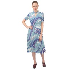 Blue Vivid Marble Pattern Keyhole Neckline Chiffon Dress by goljakoff