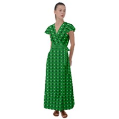 Green Christmas Tree Pattern Background Flutter Sleeve Maxi Dress by Amaryn4rt